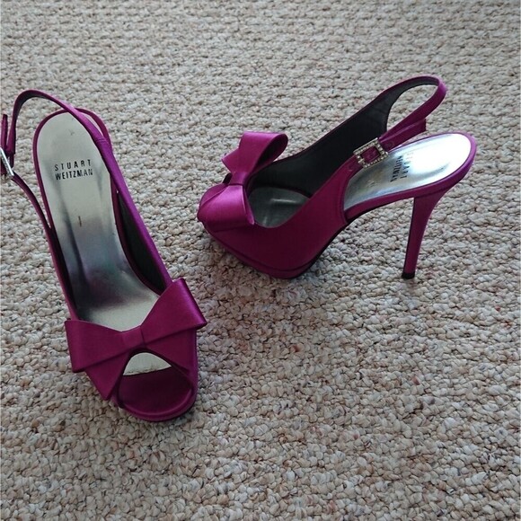 Stuart Weitzman pretty purple satin sweet bow heels size: 7.5 M - Picture 2 of 7